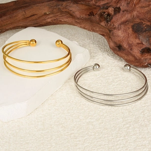 Adjustable 18K gold and silver triple-layered 304 stainless steel open bangles for women