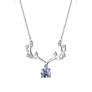 Moissanite deer antler pendant in 925 sterling silver for women on white background