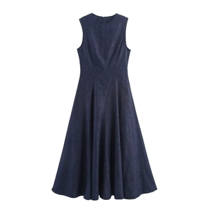 Robe Longue En Denim Pour Femmes Sans Manches Col Rond Ligne A Couleur Unie Décontractée Élégante Fermeture Éclair Dos