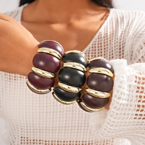 Acrylic And Alloy Chunky Spliced Bracelet Geometric Round Statement Elastic Bangle Retro Fashionable Hand Jewelry For Women