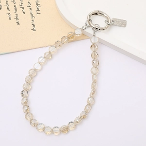 Fashionable champagne crystal beaded keychain and bag accessory with silver metal ring clasp