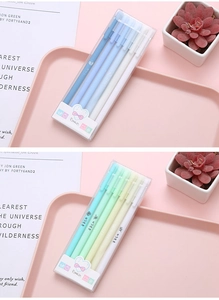 Detailed overhead view of 5-pack Morandi color gel pens in a desktop stationery setup