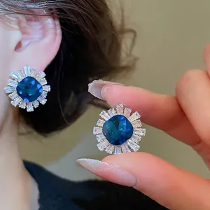 Vintage silver earrings with navy square zircon and radiant crystal border for women