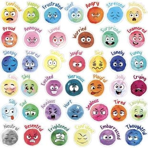 Detailansicht von 42 Aquarell-Emoji-Aufklebern mit englischen Emotionsbeschriftungen