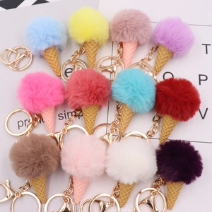 Colorful ice cream cone faux fur pompom keychains with golden metal hooks for women