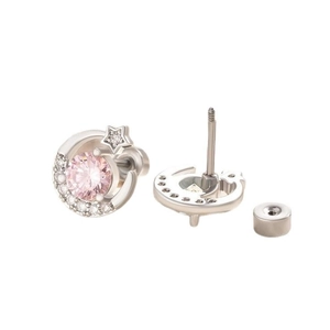 Silberne Mond und Stern Ohrstecker mit rosa Zirkonia im Herz-Schliff auf weißem Grund