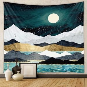 Detailed view of abstract tapestry with gold mountains, blue waves, and moonlit night sky