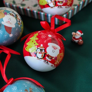 Christmas tree ornaments featuring cartoon Santa and Reindeer patterns with red ribbons