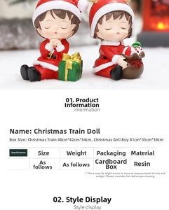 Detailed view of resin Christmas train figures with boy and girl dolls in gift packaging