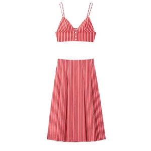 Haut Court Camisole Rayé Et Jupe Midi Trapèze Femmes Rayures Verticales Rouge Blanc Bouton Avant Vacances Été