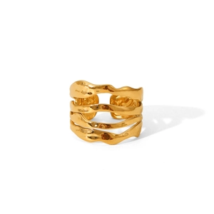 Three-layer wavy gold open ring in stainless steel with organic minimalist design