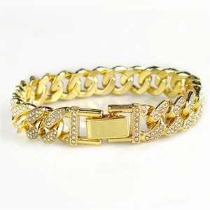 18K gold plated 12mm wide hip hop Cuban link bracelet with iced out crystals for men