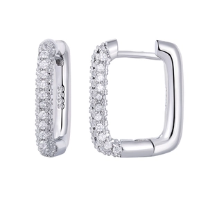 Macro detail of S925 sterling silver rectangular hoop earrings with pavé zircon stones