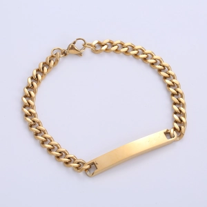 Polished gold stainless steel cuban link bracelet with blank bar for custom engraving