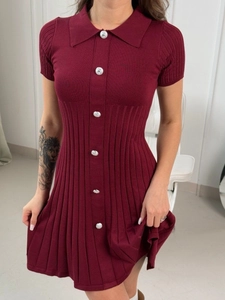 Slim fit burgundy knit polo dress with short sleeves and elegant silver button detailing