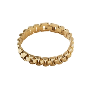 Detail of 18k gold plated stainless steel watch-link bracelet with a fold-over clasp