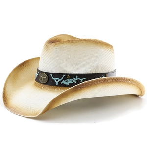 Western straw cowboy hat with turquoise bull embroidery and metal logo on white background
