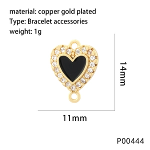 18K gold-plated heart pendant with black enamel inlay and cubic zirconia stones