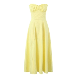 Robe Maxi Bustier Sexy Top Tube Polyester Plissé Bordure Oreille De Bois Taille Haute Couleur Unie Élégante Douce Épicée Femme