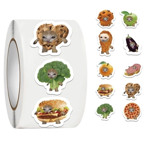 Macro detail of cute crying cat meme stickers combined with various food items on a roll