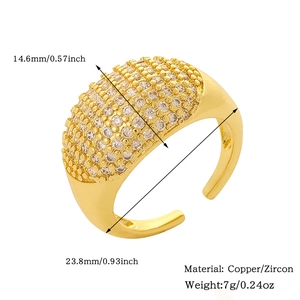 Detailed size chart showing dimensions and materials of gold copper zircon open ring