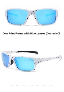 Detail view of cow print sunglasses frame with blue coated lenses and C3 model marking