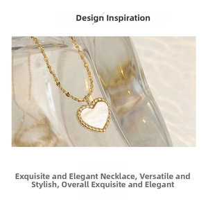 Detailed close-up of a gold heart pendant necklace with white shell inlay and rope texture