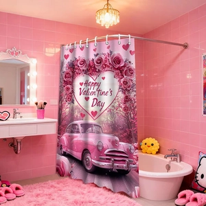 Rideau De Douche Tissu Polyester Imperméable Thème Saint-Valentin Voiture Rose Coeur Chat Noir Décoratif Pour Salle De Bain