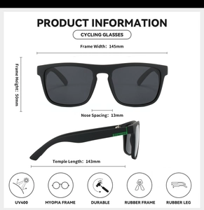 Technical diagram of polarized cycling sunglasses with UV400 protection and dimensions