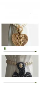 Macro detail of hand-woven cotton leaf curtain tieback with decorative wooden beads