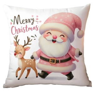 Detail of pink Santa and deer print on white plush Christmas pillow cover