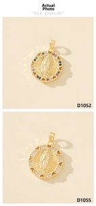 Detailed view of Virgin Mary pendants with colorful zircons and heart-shaped hollow design