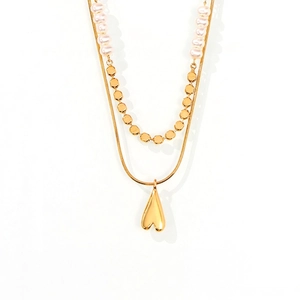 Collier Double Rang Cuivre Süßwasserperle D'Imitation Pendentif Coeur Süßwasserperles Bijoux De Mode Élégants Style Français Pour Femmes