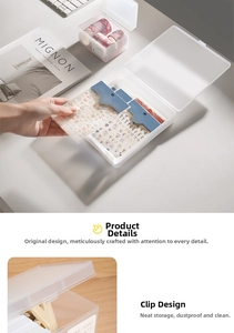 Detail of frosted translucent plastic storage boxes with secure snap lids for desk stationery