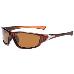 Detail view of square frame sports sunglasses with orange non-slip temple grips and polarized lens