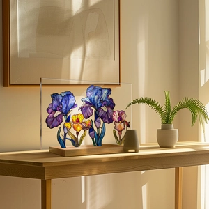 Artistic iris flower acrylic plaque with stained glass texture on a wooden stand