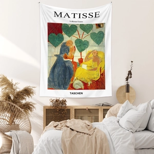 Detailed view of white Matisse art tapestry in a cozy minimalist bedroom setting