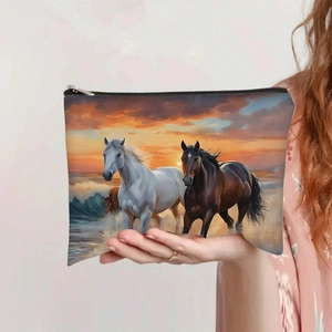 Grote canvas make-uptas met zonsondergang paardenprint en zwarte ritssluiting details