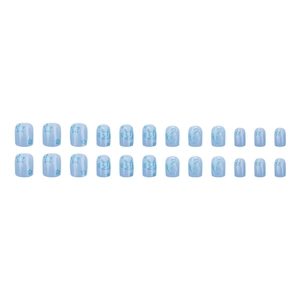 Cute blue press-on nails set with cartoon cat and star patterns on transparent base