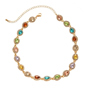 Vintage gold necklace with colorful teardrop gemstones and crystal diamond halo for women