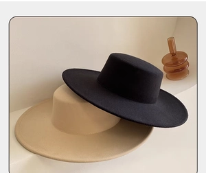 Flat top wide brim wool felt fedora hats shown in classic black and beige colors