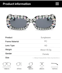 Detailed size specifications for square frame rhinestones and pearls trendy sunglasses