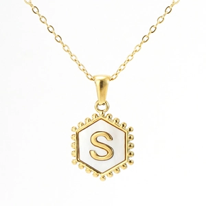 18K gold plated hexagonal necklace with letter S pendant and mother of pearl inlay