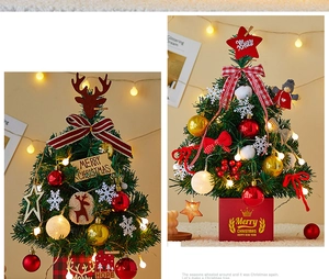 Detailed view of desktop mini Christmas trees with warm LED lights and festive ornaments