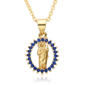 Religious San Judas Tadeo pendant necklace with blue zircon in 18k gold plated brass