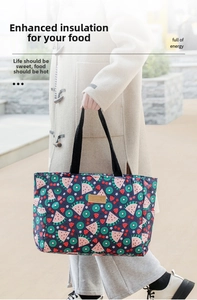 Detail of insulated cooler bag with fruit patterns and comfortable carrying handle