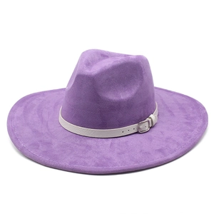 Detail of purple wide brim fedora with white leather strap and silver metal buckle