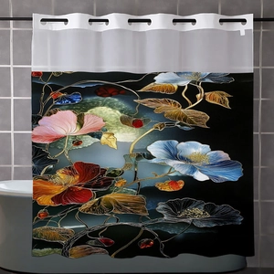 Detail view of floral shower curtain with reinforced hook holes and white mesh header