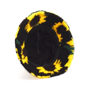 Chapeau bob en laine d'agneau avec motif tournesol jaune et cordon de serrage interne