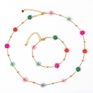Elegant Flower Necklace And Bracelet 18K Gold Plated Copper Crystal Artificial Pearl Floral Jewelry For Women Sweet Heart Pendant